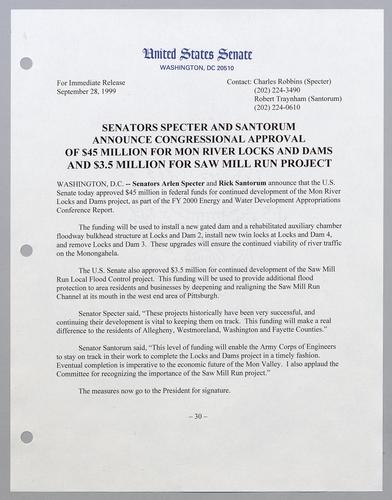 Senators Specter and Santorum announce Congressional approval of $45 million for Monongahela River locks and dams and $3.5 million for Saw Mill Run project
