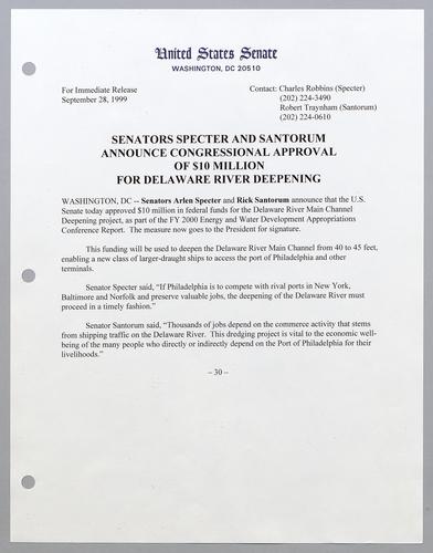 Senators Specter and Santorum announce Congressional approval of $10 million for Delaware River deepening