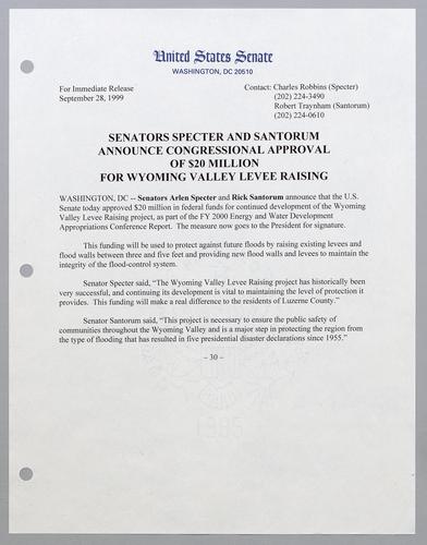 Senators Specter and Santorum announce Congressional approval of $20 million for Wyoming Valley levee raising