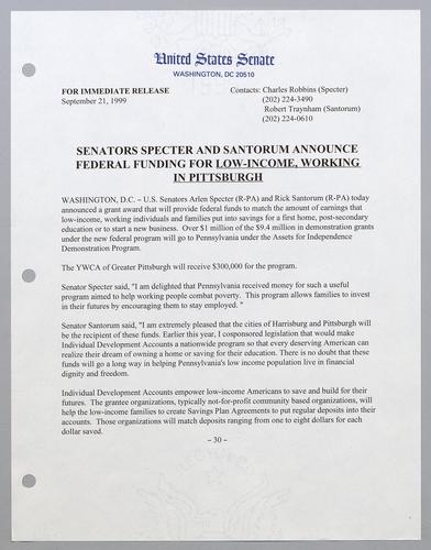 Senators Specter and Santorum announce federal funding for low-income, working in Pittsburgh