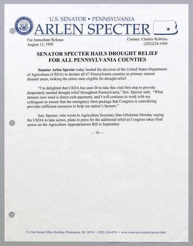 Senator Specter hails drought relief for all Pennsylvania counties