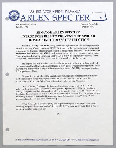 Senator Arlen Specter introduces bill to prevent the spread of weapons of mass destruction