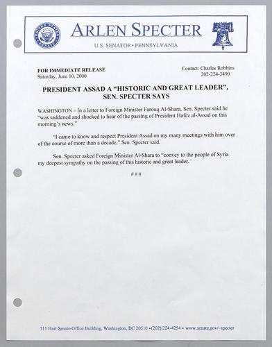 President Assad "historic and great leader," Senator Specter said