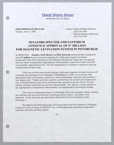 Senators Specter and Santorum announce approval of $7 million for magnetic levitation system in Pittsburgh