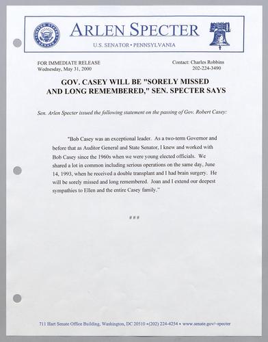 Governor Casey will be "sorely missed and long remembered," Senator Specter says