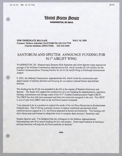 Santorum and Specter announce funding for 911th airlift wing
