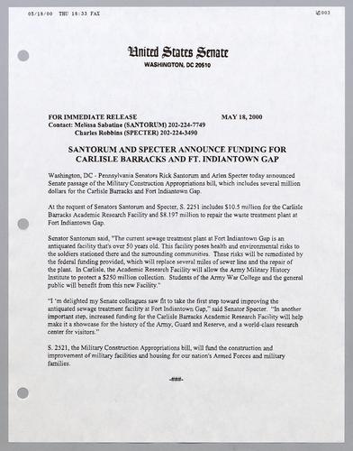 Santorum and Specter announce funding for Carlisle barracks and Ft. Indiantown Gap
