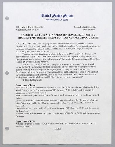 Labor, HHS, and education appropriations subcommittee boosts funds for NIH, Head Start, Job Corps, school grants