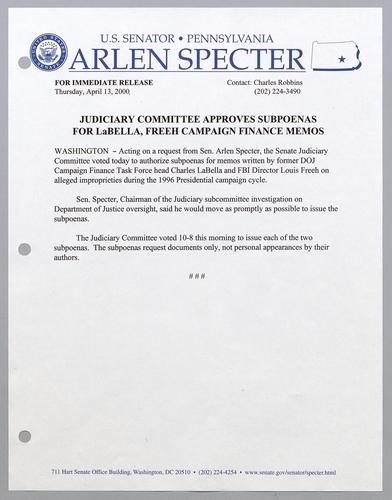 Judiciary committee approves subpoenas for LaBella, Freeh campaign finance memos