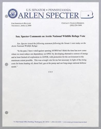 Senator Specter comments on Arctic National Wildlife Refuge vote