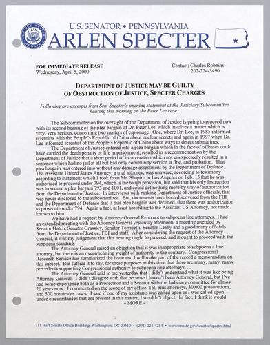Department of Justice may be guilty of obstructing justice, Specter charges