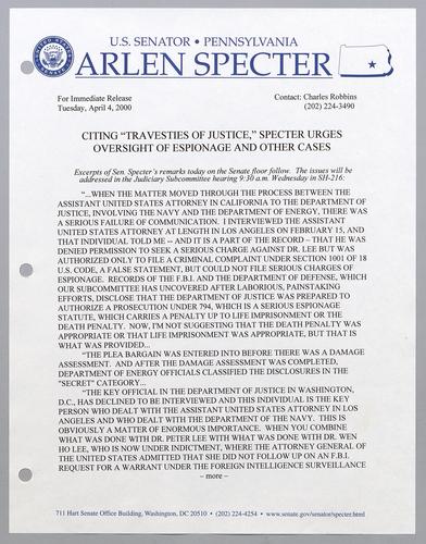 Citing "travesties of justice" Specter urges oversight of espionage and other cases