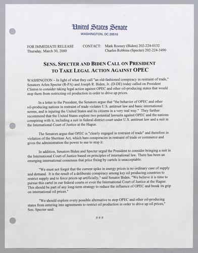Senators Specter and Biden call on President to take legal action against OPEC