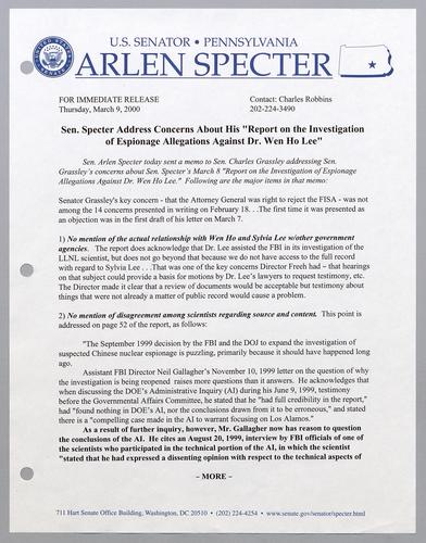 Senator Specter addresses concerns about his "report on the investigation of espionage allegations against Dr. Wen Ho Lee,"