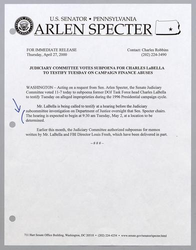 Judiciary Committee votes to subpoena for Charles LaBella to testify on Tuesday on campaign finance abuses