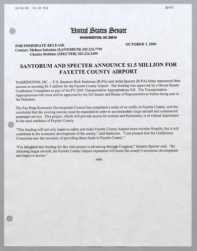 Santorum and Specter announce $1.5 million for Fayette County airport