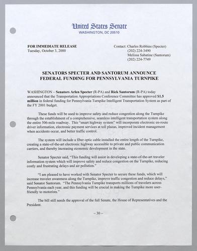Senators Specter and Santorum announce federal funding for Pennsylvania turnpike