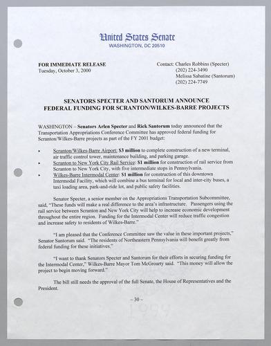 Senators Specter and Santorum announce federal funding for Scranton/Wilkes-Barre projects