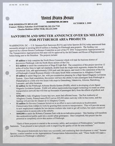 Santorum and Specter announce over $26 million for Pittsburgh area projects