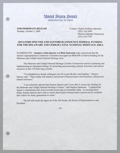 Senators Specter and Santorum announce federal funding for the Delaware and Lehigh Canal National Heritage Area