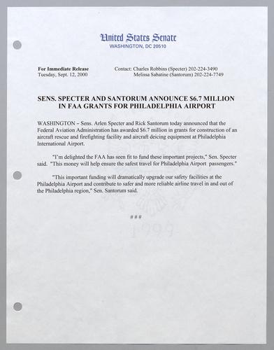 Senators Specter and Santorum announce $6.7 million in FAA grants for Philadelphia airport