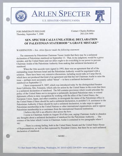 Senator Specter calls unilateral declaration of Palestinian statehood "a grave mistake,"