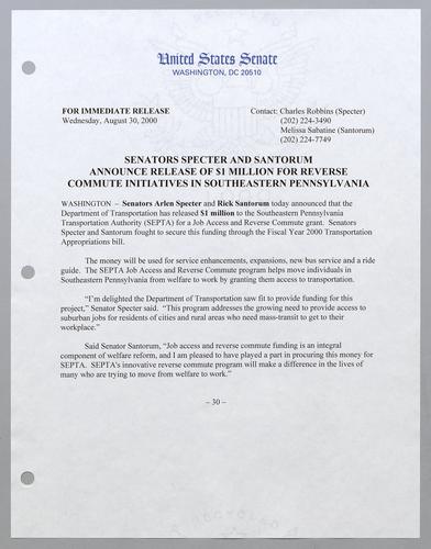 Senators Specter and Santorum announce release of $1 million for reverse commute initiatives in southeastern Pennsylvania