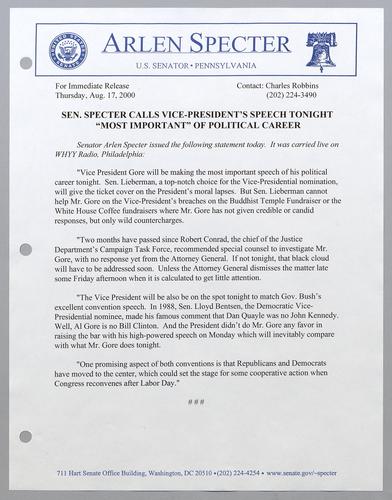 Senator Specter calls Vice-President's speech tonight "most important" of political career