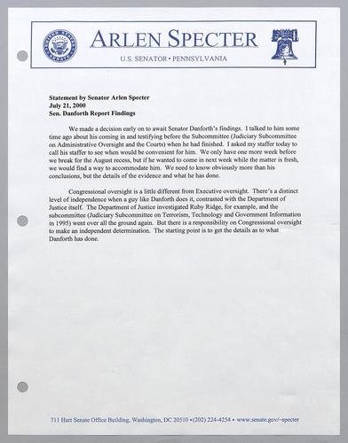 Statement by Senator Arlen Specter: Senator Danforth report findings