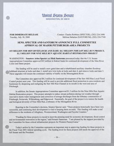Senators Specter and Santorum announce full committee approval of major Pittsburgh-area projects