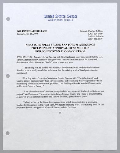 Senators Specter and Santorum announce preliminary approval of $7 million for Johnstown flood control