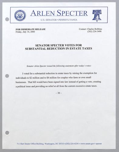 Senator Specter votes for substantial reduction in estate taxes