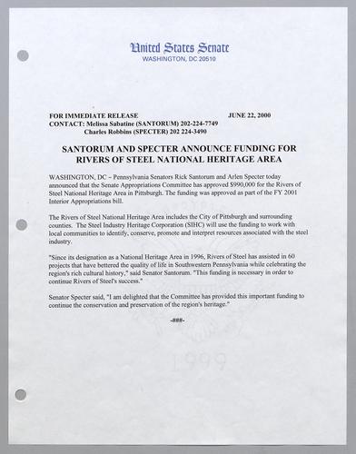 Santorum and Specter announce funding for Rivers of Steel National Heritage Area