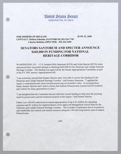 Senators Santorum and Specter announce $445,000 in funding for National Heritage Corridor