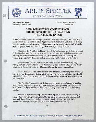 Senator Specter comments on President's decision regarding stem cell research