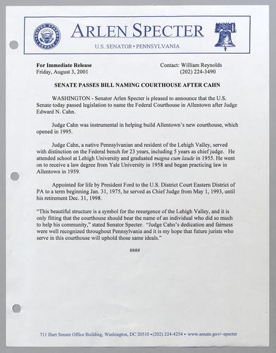 Senate bill naming courthouse after Cahn