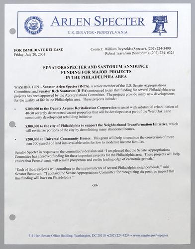 Senators Specter and Santorum announce funding for projects in the Philadelphia area