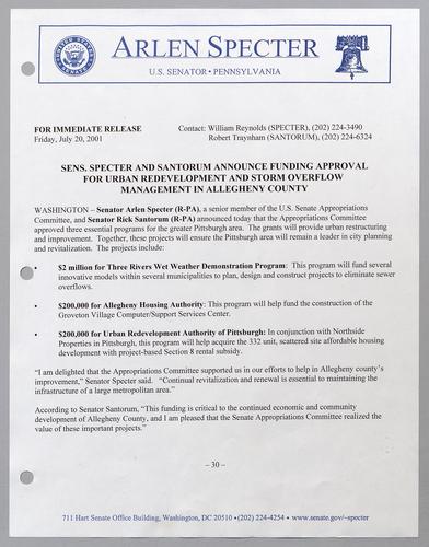 Senators Specter and Santorum announce funding approval for urban redevelopment and storm overflow management in Allegheny County