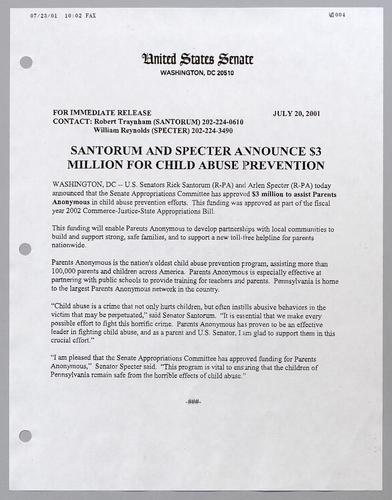 Santorum and Specter announce $3 million for child abuse prevention