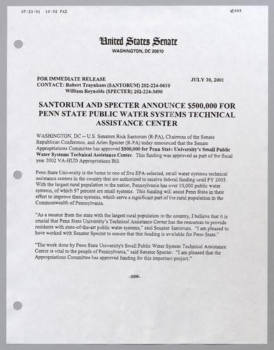 Santorum and Specter announce $500,000 for Penn State public water systems technical assistance center