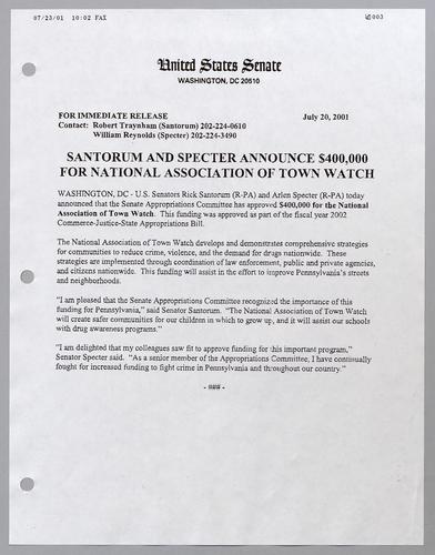Santorum and Specter announce $400,000 for National Association of Town Watch