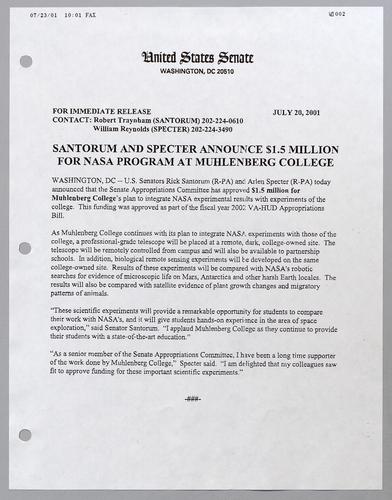 Santorum and Specter announce $1.5 million for NASA program at Muhlenberg College