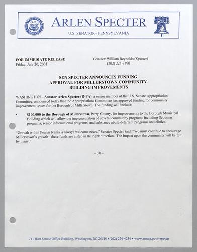 Senator Specter announces funding approval for Millerstown community building improvements