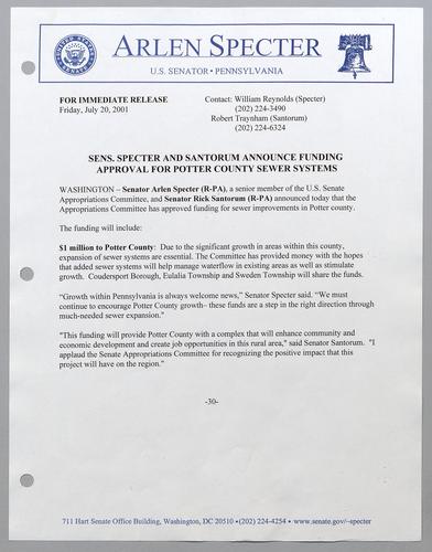 Senators Specter and Santorum announce funding approval for Potter County sewer systems
