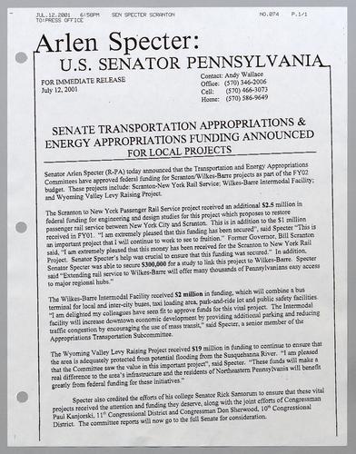 Senate transportation appropriations and energy appropriations funding announced for local projects