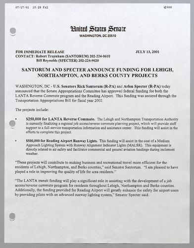 Santorum and Specter announce funding for Lehigh, Northampton, and Berks County projects