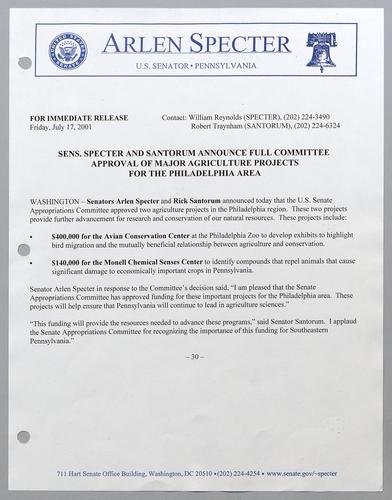 Senators Specter and Santorum announce full committee approval of major agriculture projects for the Philadelphia area