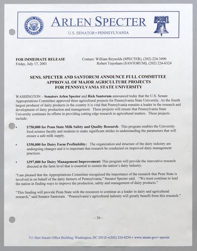 Senators Specter and Santorum announce full committee approval of major agriculture projects and Pennsylvania State University