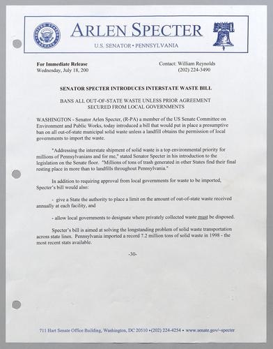 Senator Specter introduces interstate waste bill