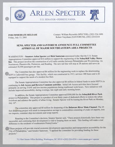 Senators Specter and Santorum announce full committee approval of major southeastern-area projects
